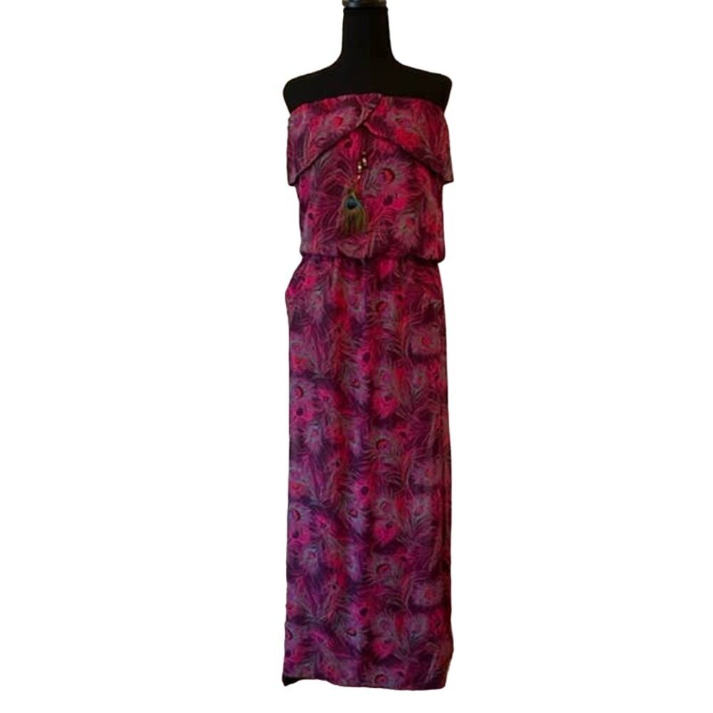 Pink Peacock Motif Strapless Maxi Dress Medium